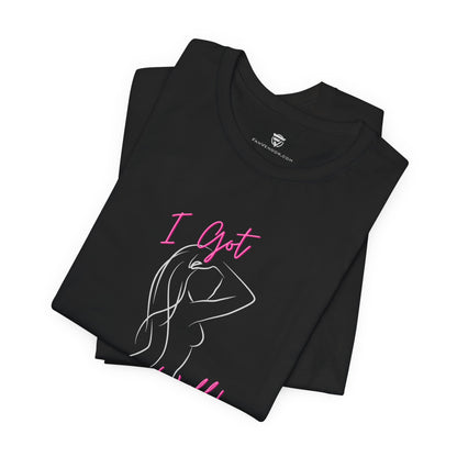 Black t-shirt with 'I Got' text and graphic design on a white background