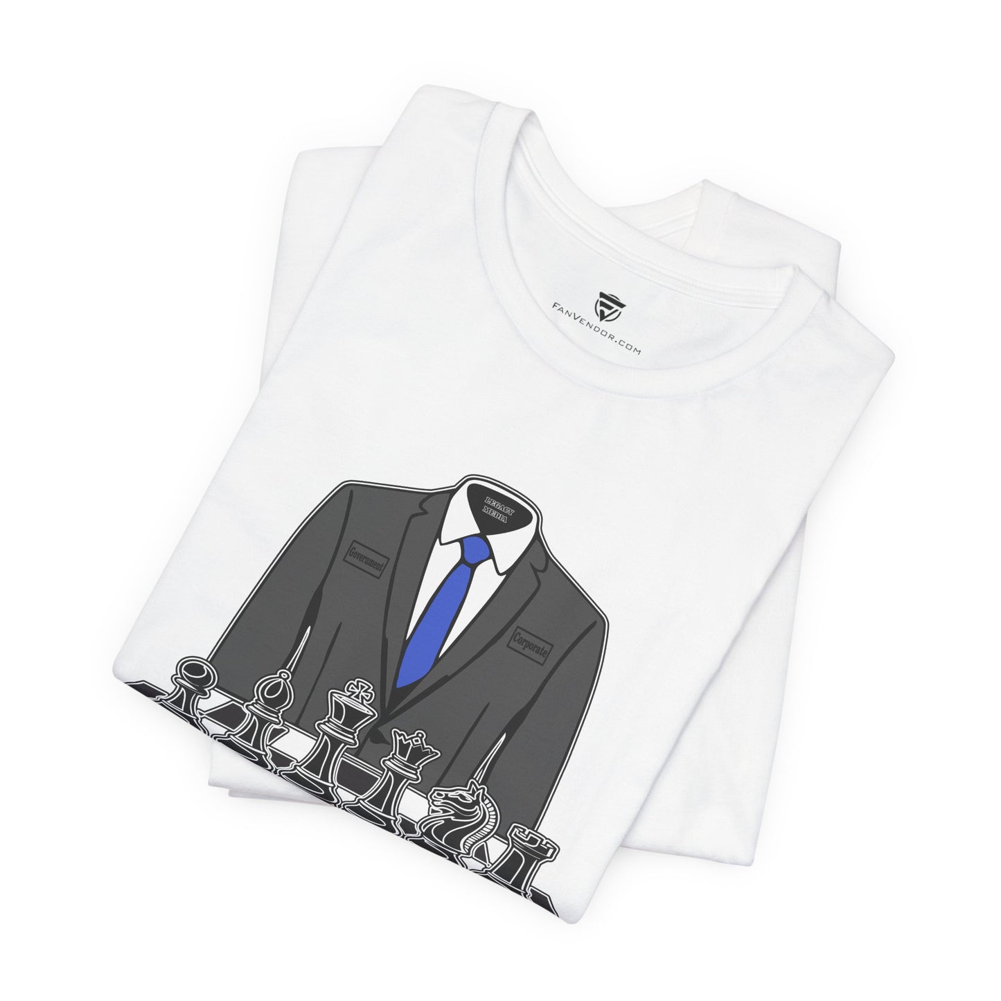 Folded white shirt with a suit and tie graphic on a white background
