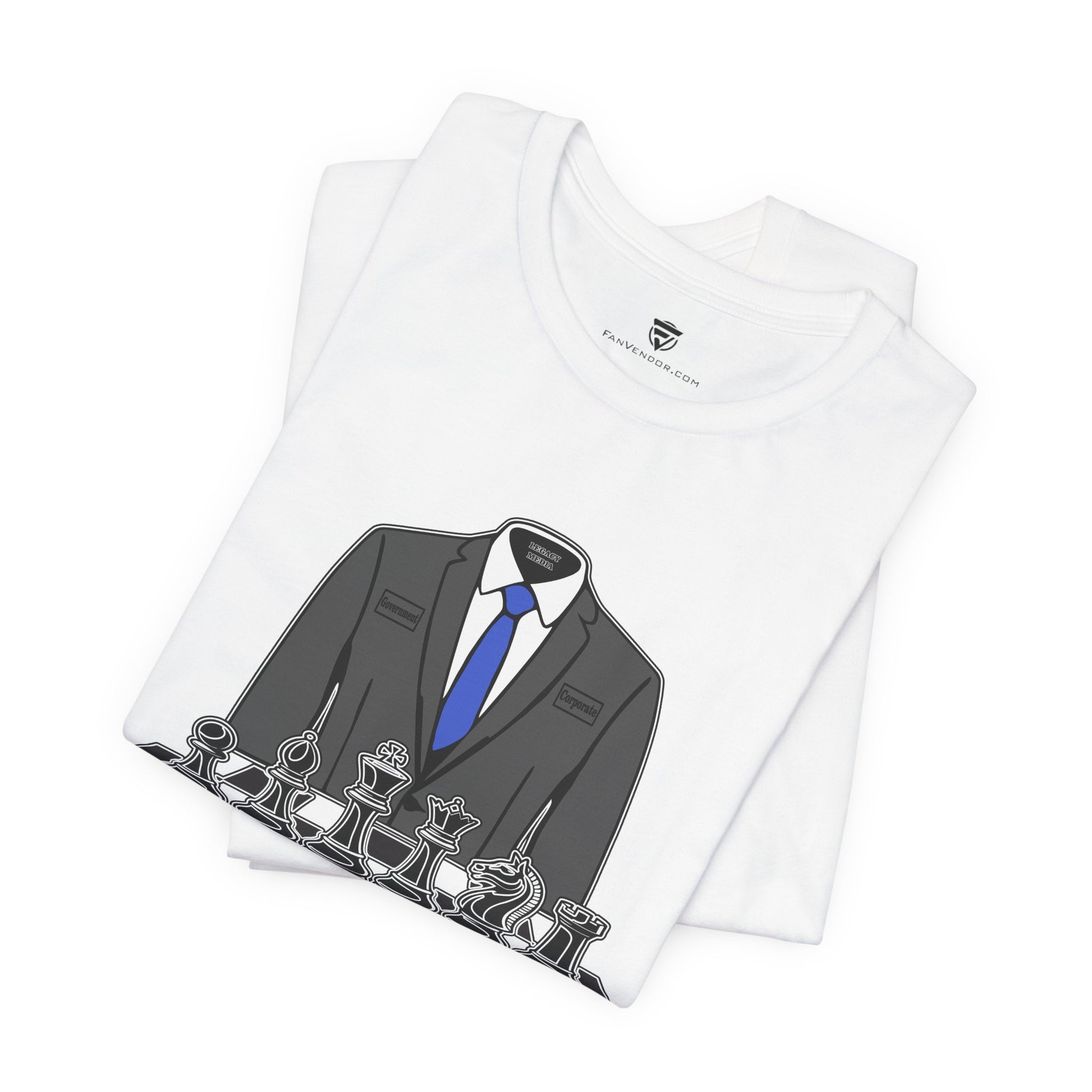Folded white shirt with a suit and tie graphic on a white background
