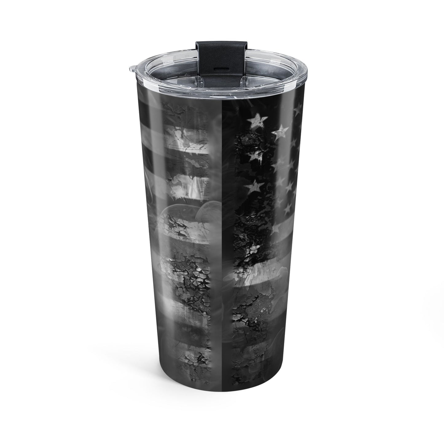 Tumbler with black and white pattern on a white background