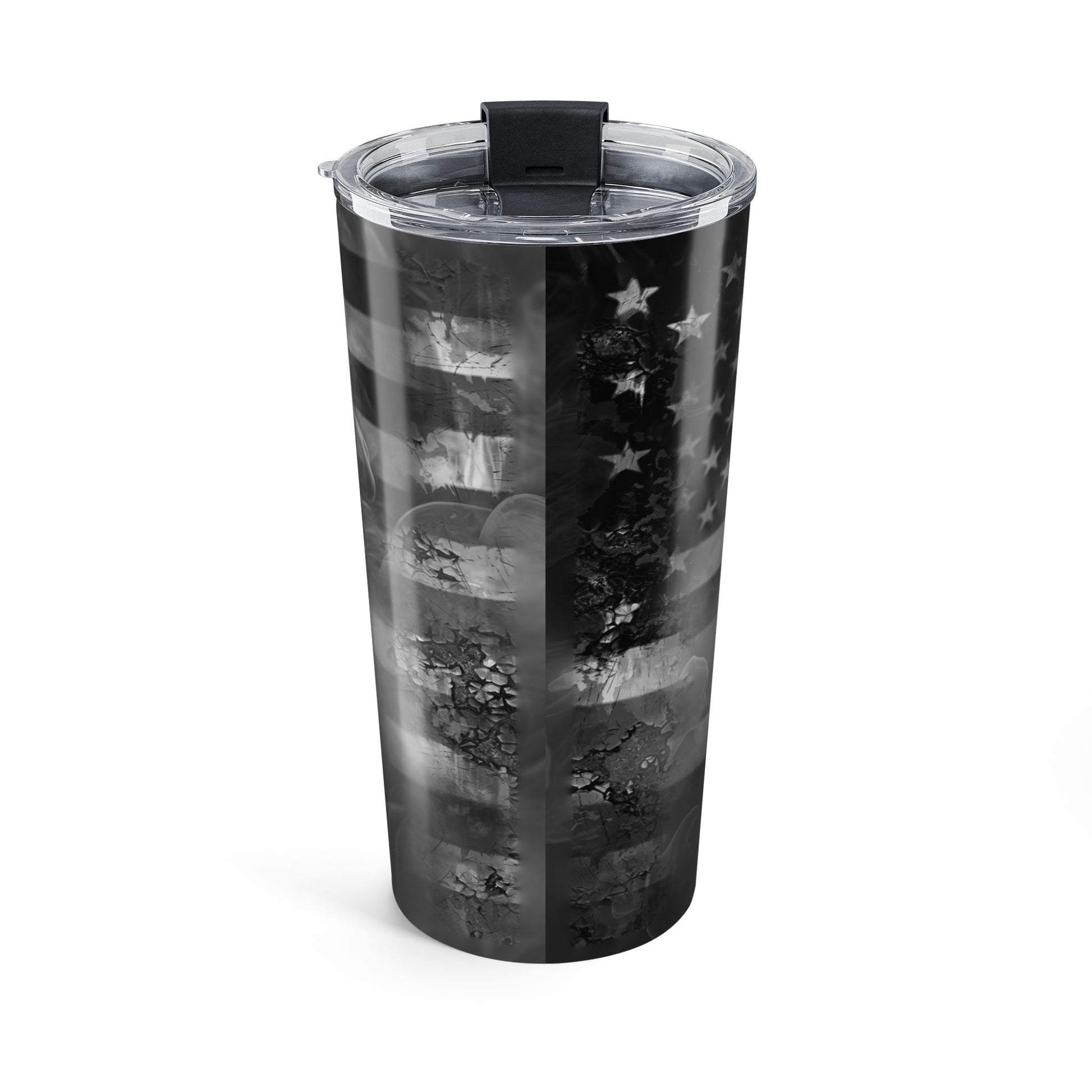 Tumbler with black and white pattern on a white background