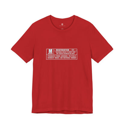 Red t-shirt with white text on a white background