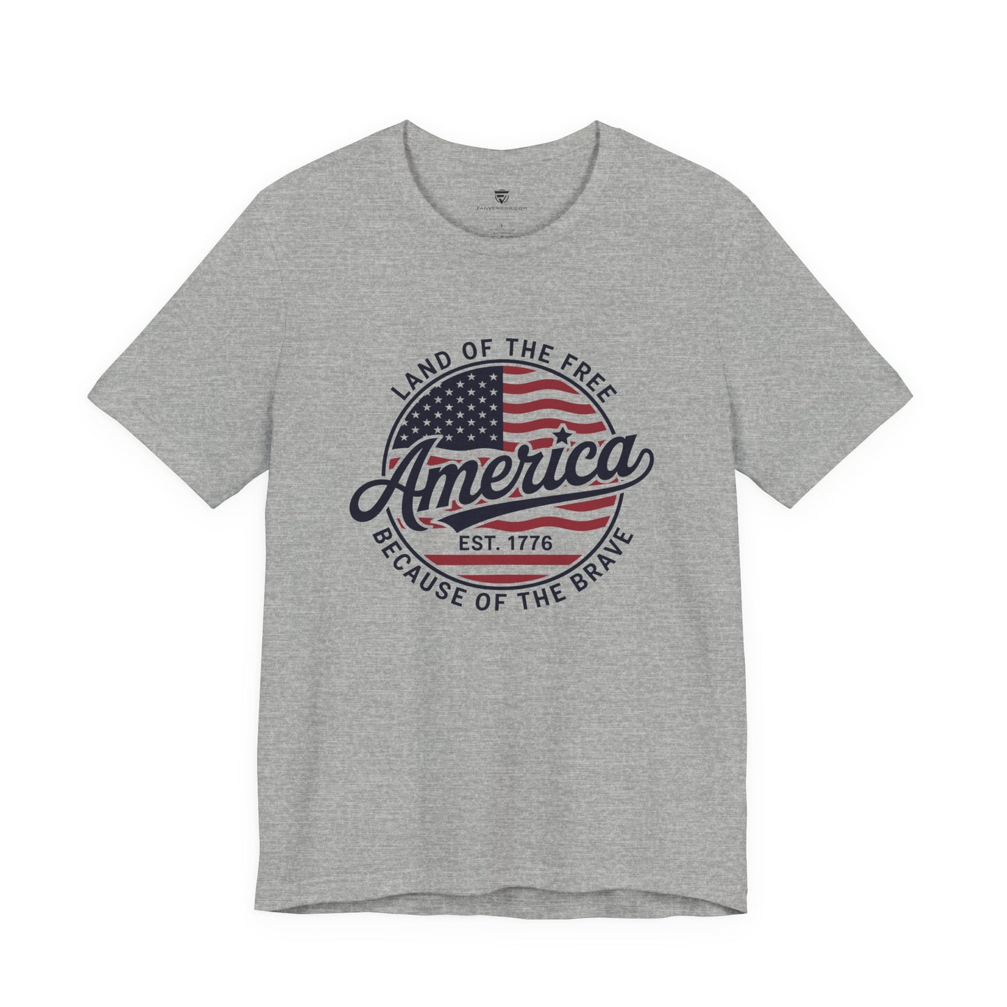 Gray t-shirt with American flag graphic and text on a white background
