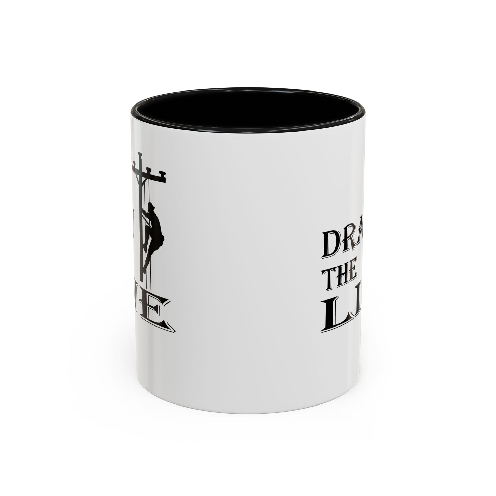 White mug with black interior and handle, featuring a silhouette of a person on a ladder and text.