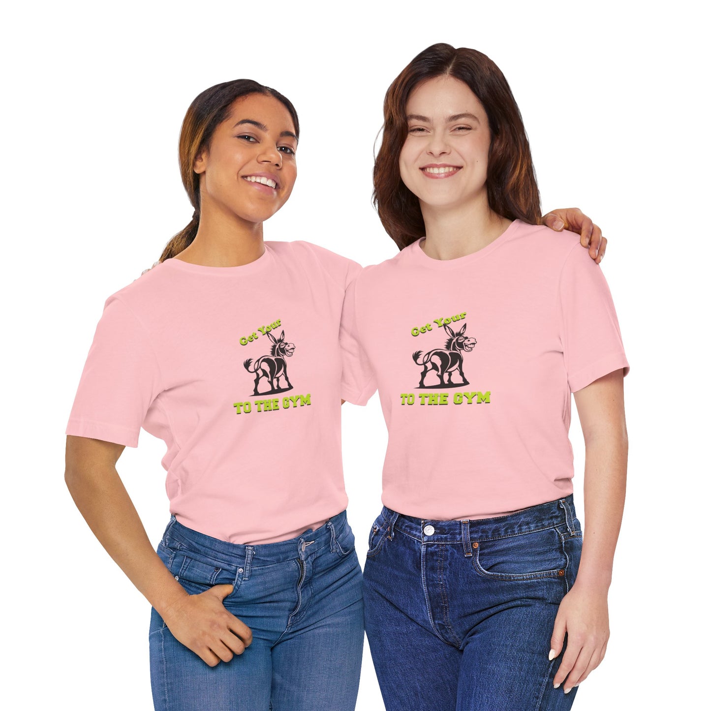 Two women wearing pink t-shirts with text on a white background