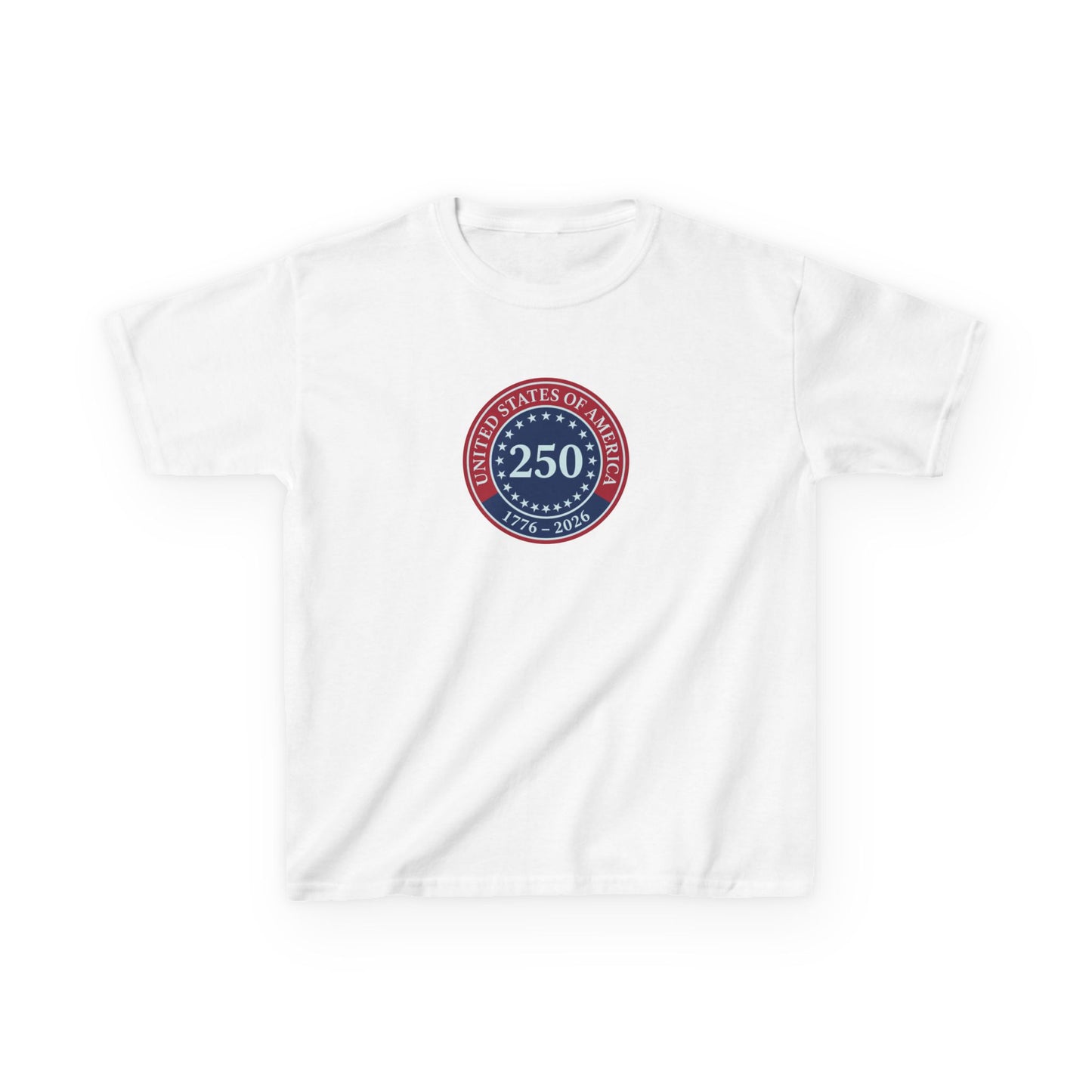 White t-shirt with a red, blue, and white emblem on a white background