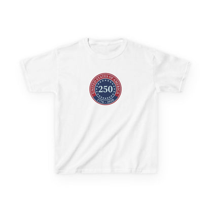 White t-shirt with a red, blue, and white emblem on a white background