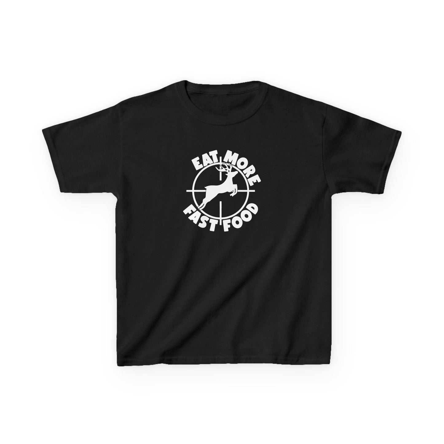 Black t-shirt with white text on a white background