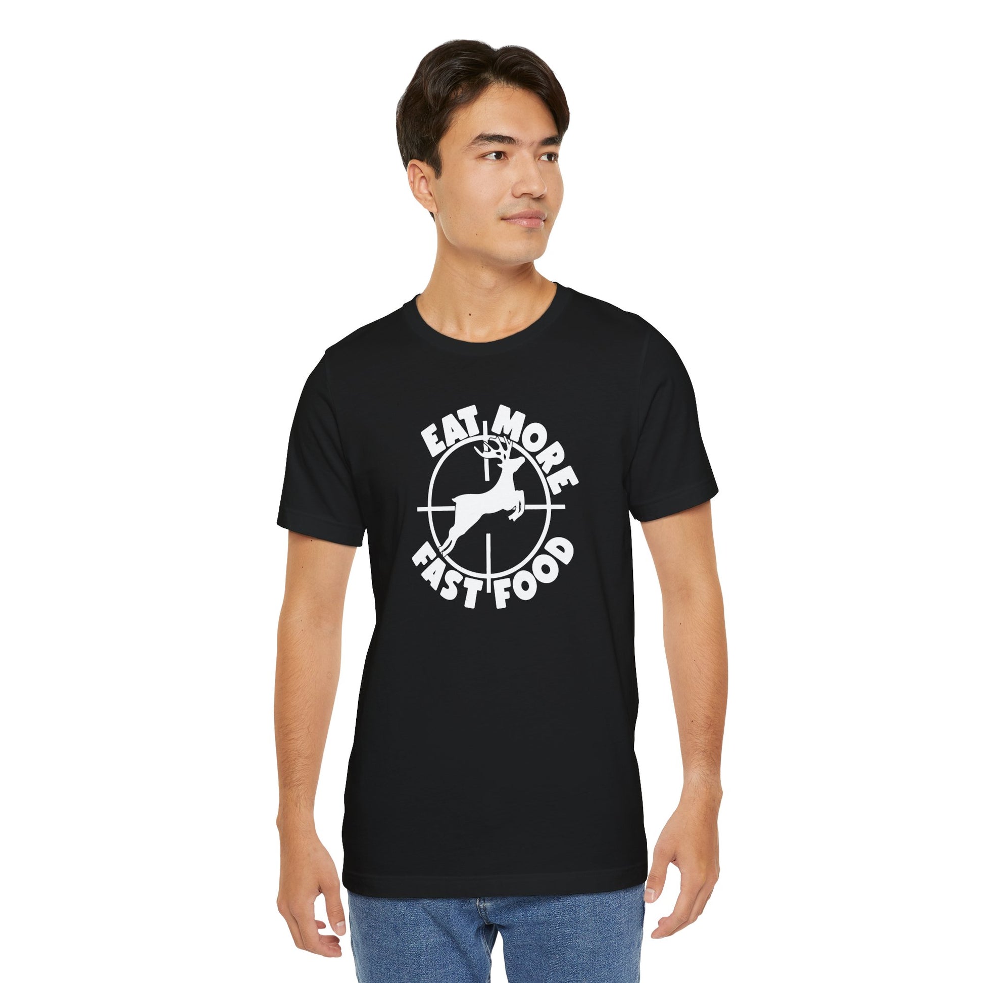 Man wearing a black t-shirt with print on a white background