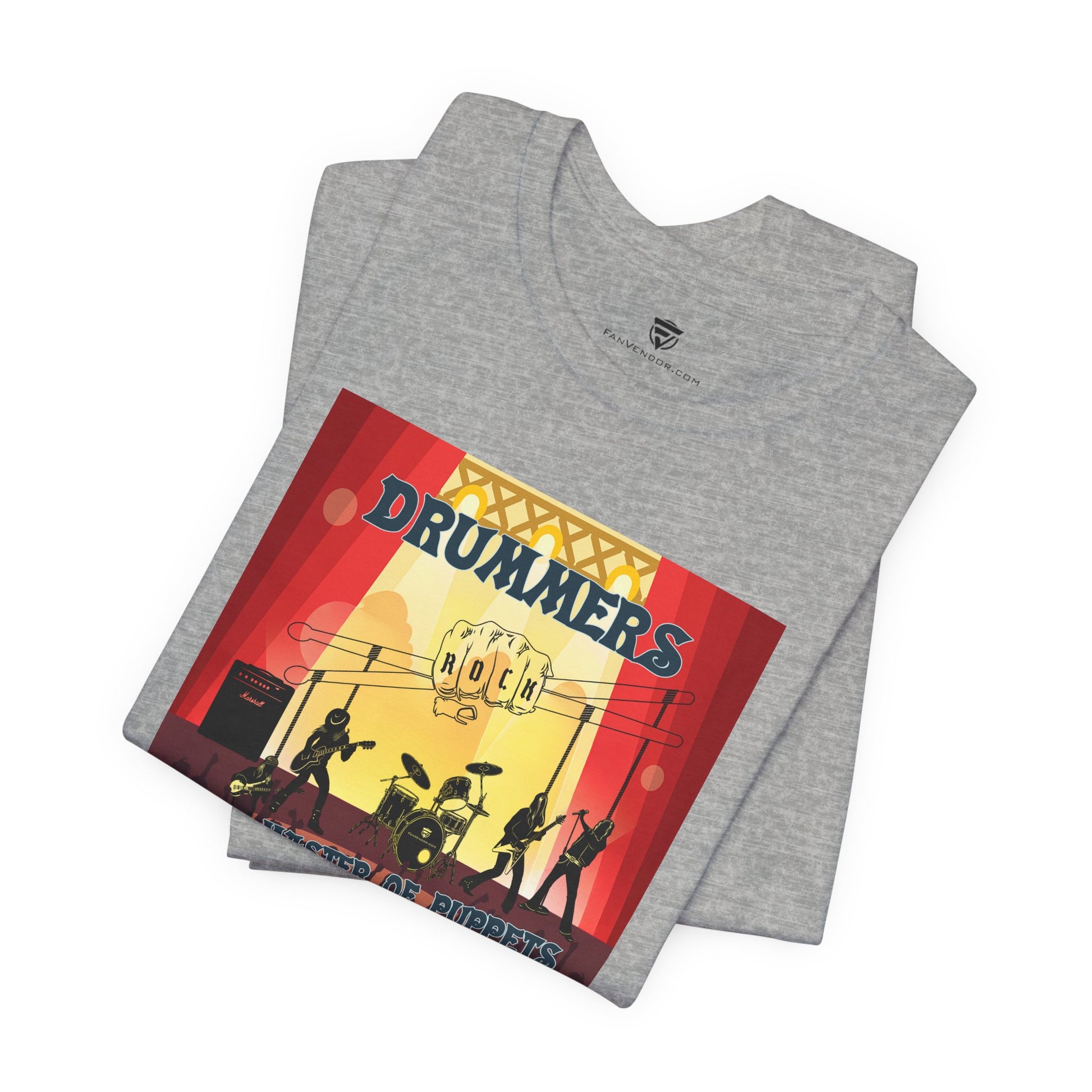 Gray t-shirt with a colorful graphic design featuring silhouettes of drummers and text on a white background.