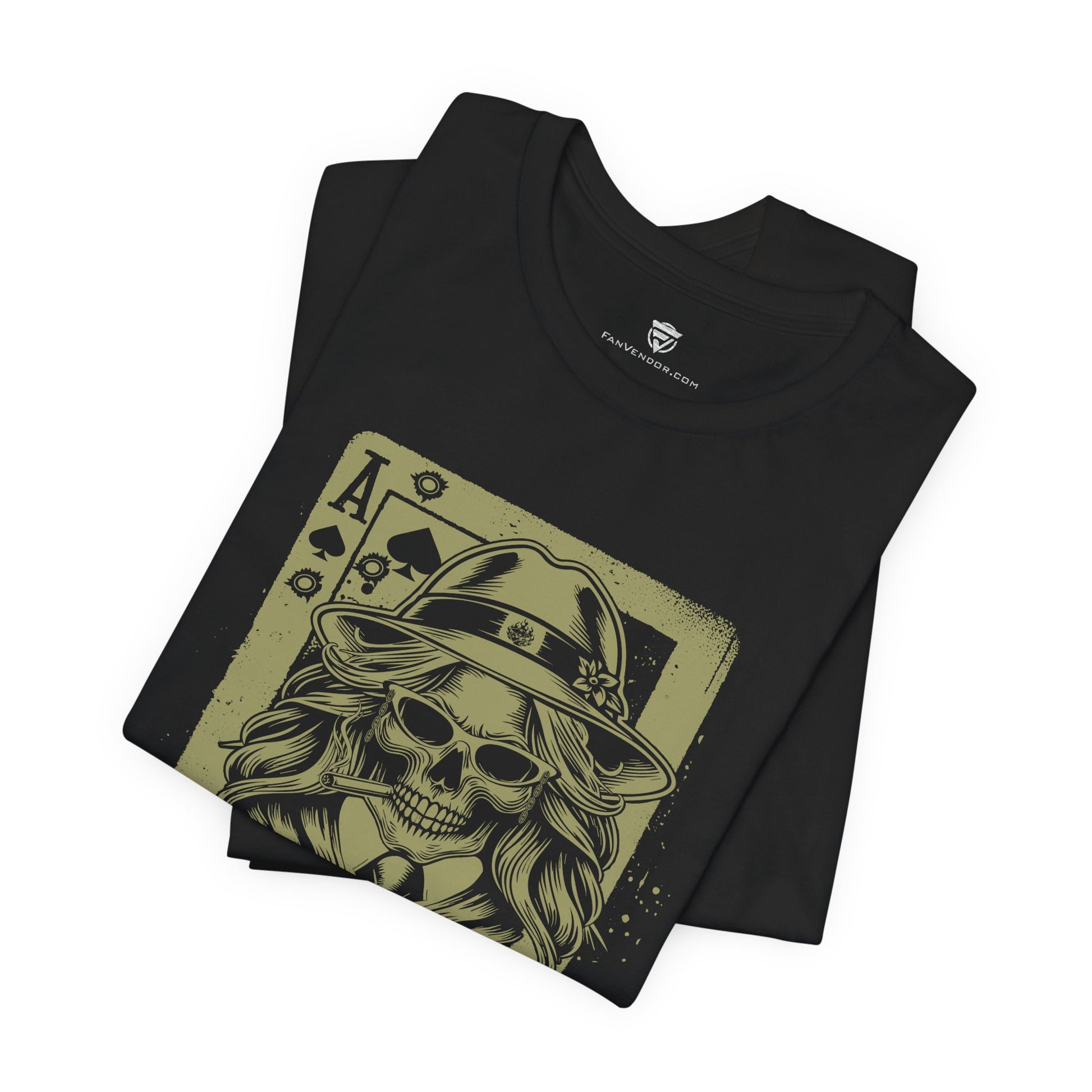 Black t-shirt with a graphic design of a skull wearing a hat on a white background