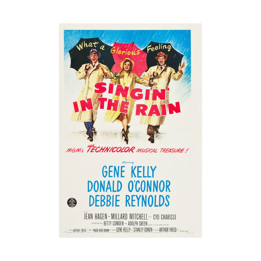 Vintage movie poster for 'Singin' in the Rain' featuring three people in raincoats with umbrellas.