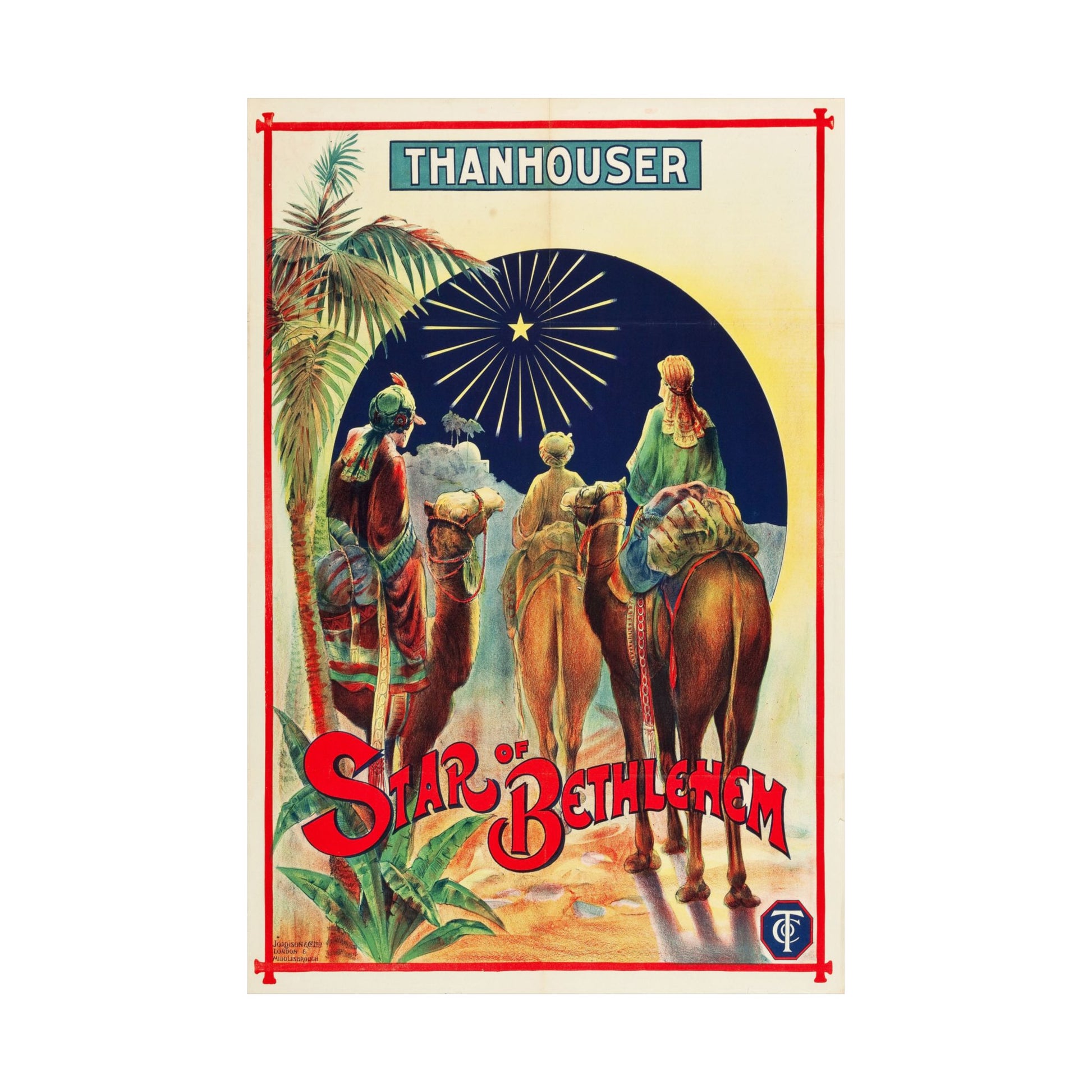 Vintage movie poster for 'Star of Bethlehem' with three wise men on camels and palm trees.