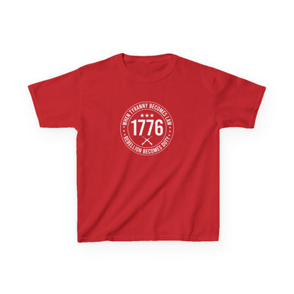 Red t-shirt with white graphic and text on a white background