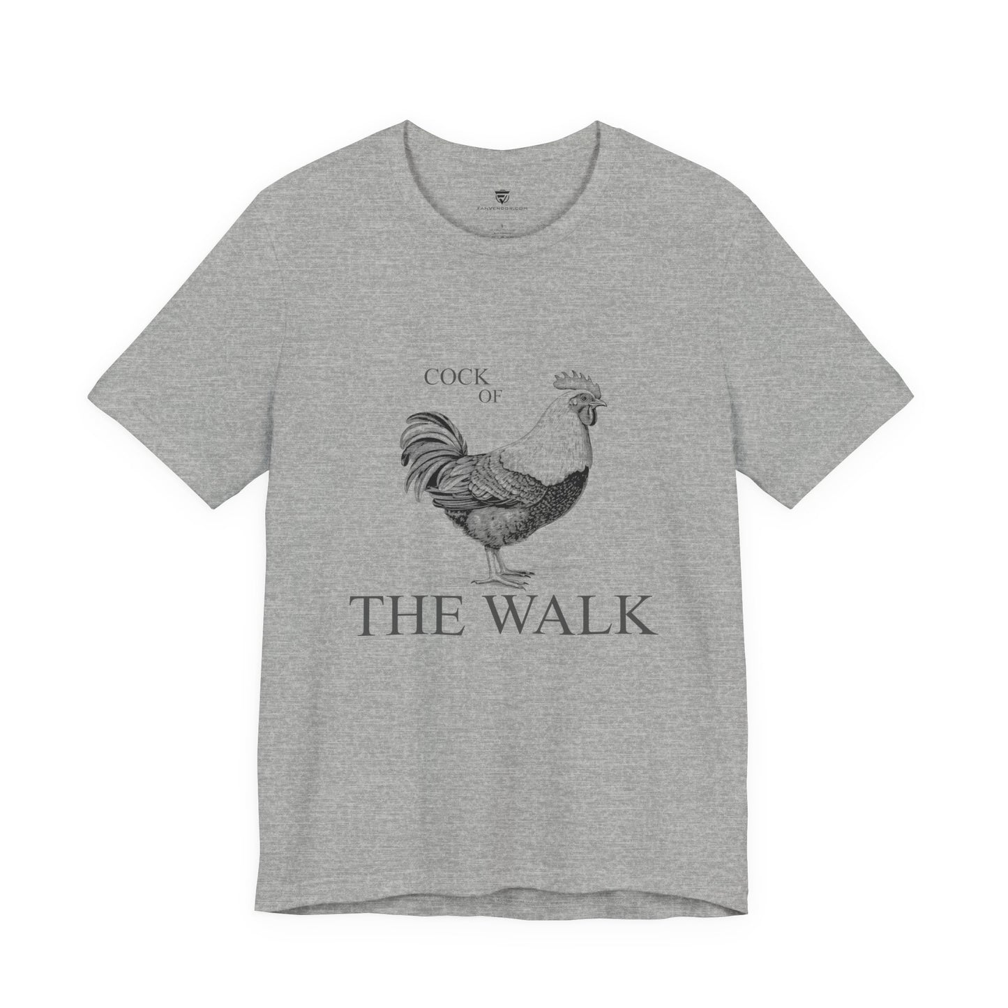 Gray t-shirt with a rooster graphic and 'Cock of the Walk' text 