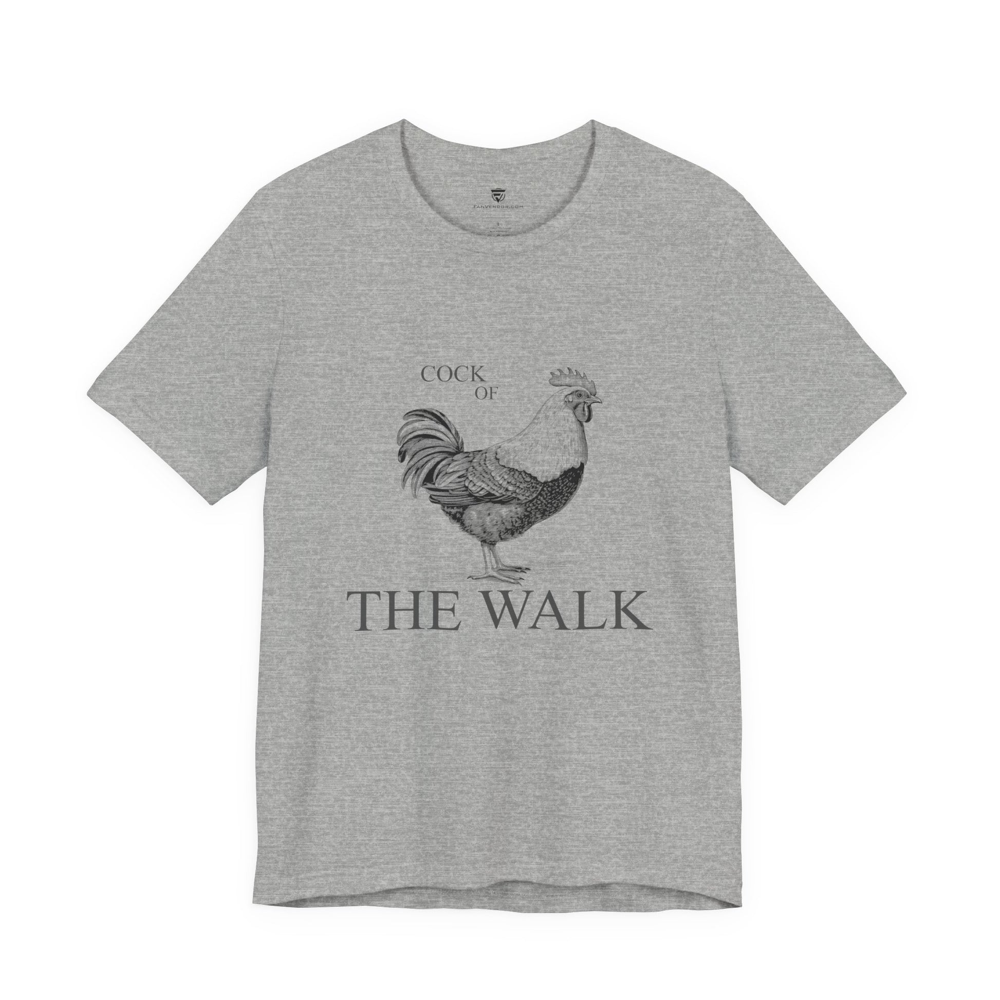 Gray t-shirt with a rooster graphic and 'Cock of the Walk' text 
