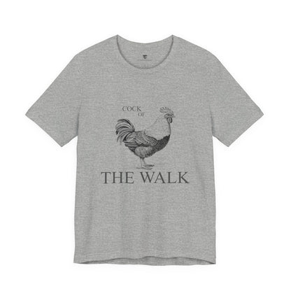 Gray t-shirt with a rooster graphic and 'Cock of the Walk' text 