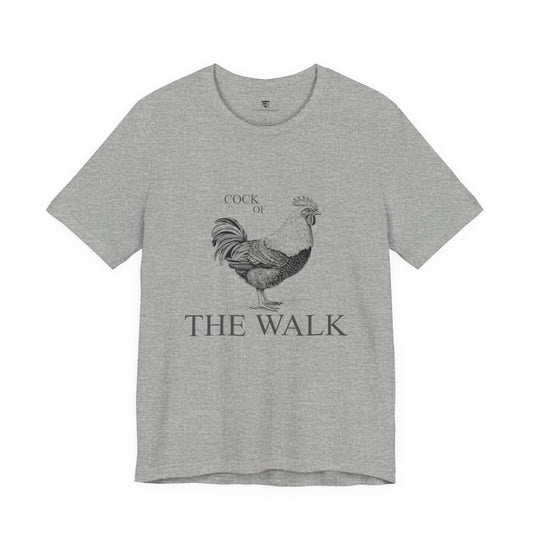 Gray t-shirt with a rooster graphic and 'Cock of the Walk' text 