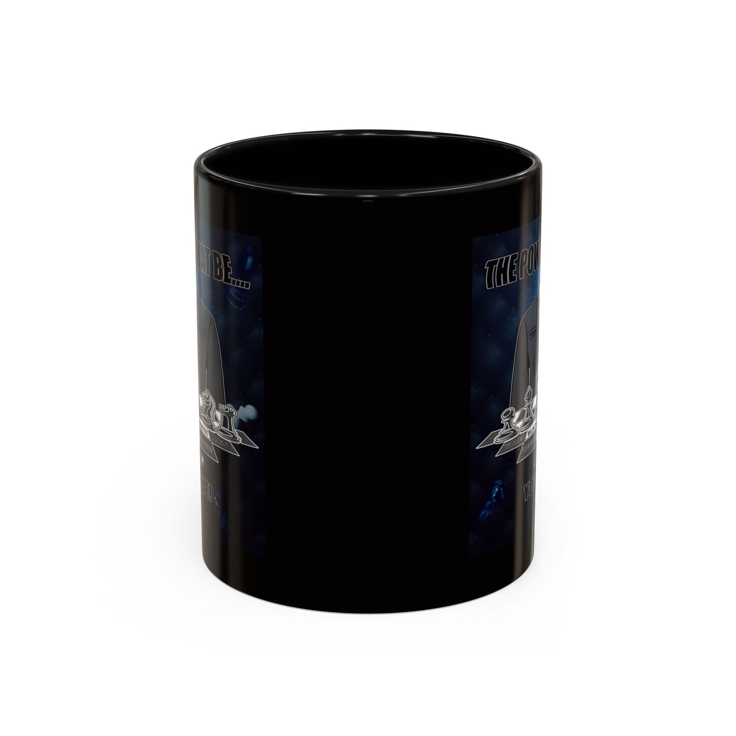 A glossy black ceramic mug featuring printed sci-fi artwork of spaceships and text on the side, shown against a plain white background.