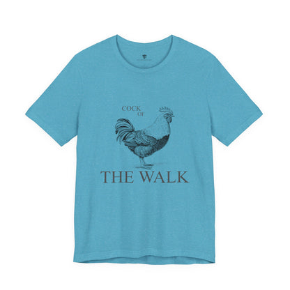 Blue t-shirt with a rooster graphic and text 