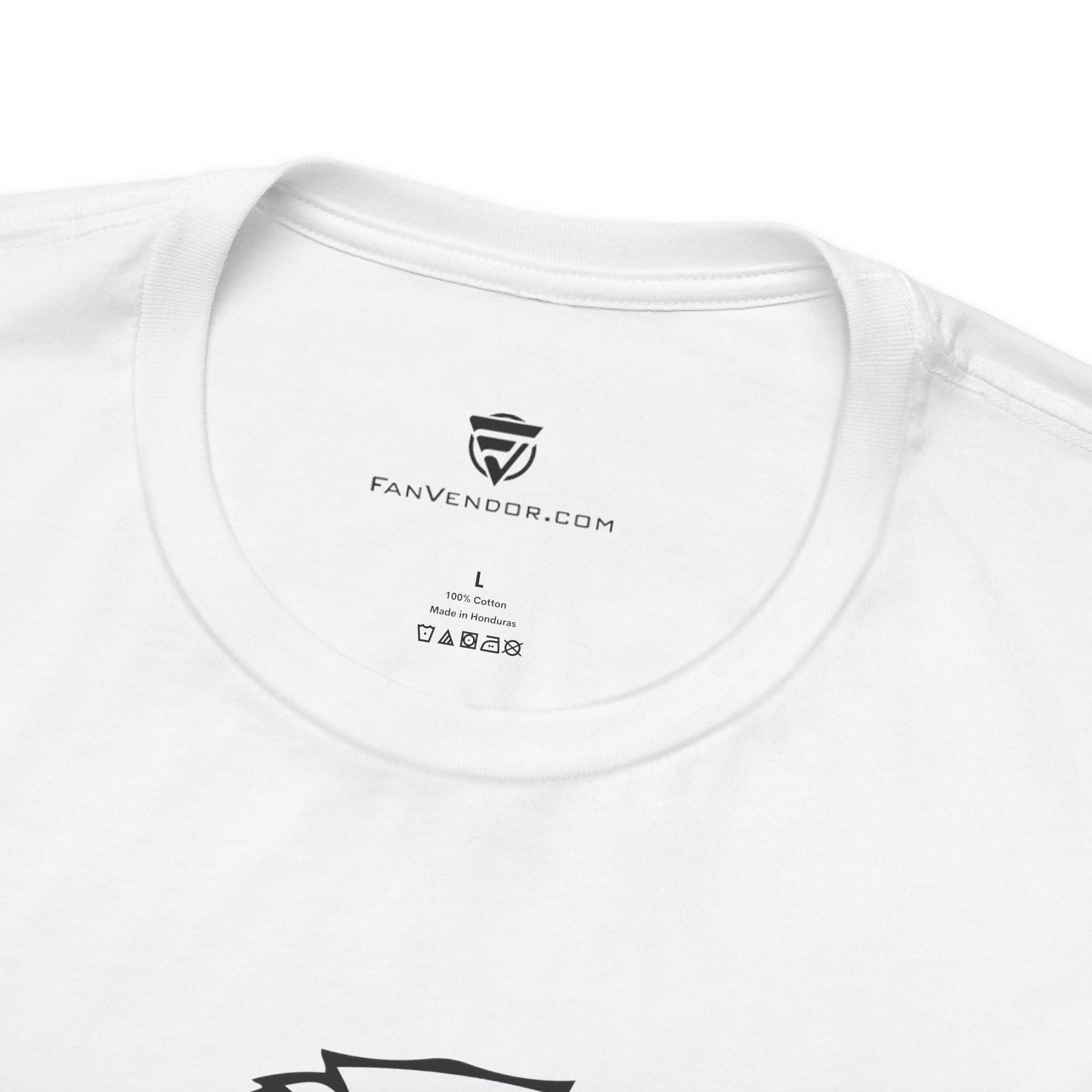 White t-shirt with 'FanVendor.com' logo and text on a white background