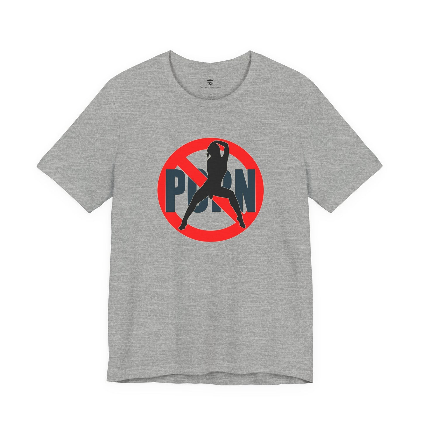 Gray t-shirt with a graphic design featuring a red circle with a line through it, a silhouette of a person, and the word 'PORN' on a white background.