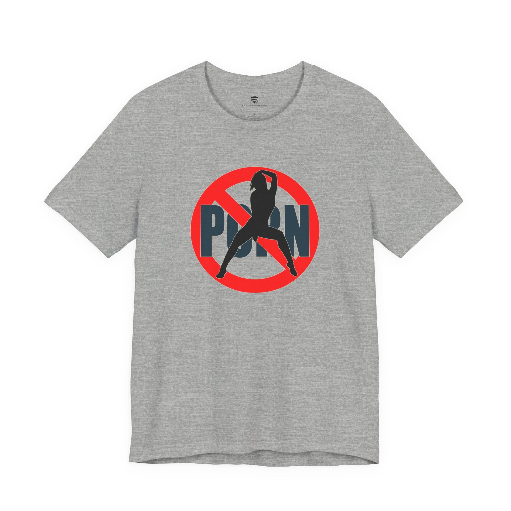 Gray t-shirt with a graphic design featuring a red circle with a line through it, a silhouette of a person, and the word 'PORN' on a white background.