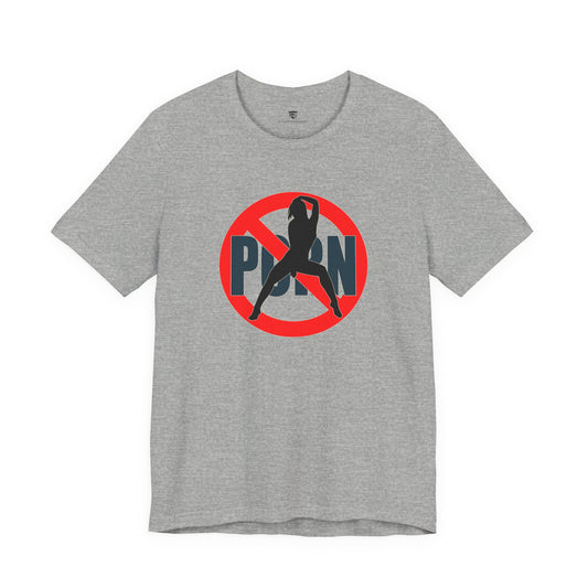 Gray t-shirt with a graphic design featuring a red circle with a line through it, a silhouette of a person, and the word 'PORN' on a white background.