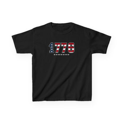 Black t-shirt with '1776' design on a white background
