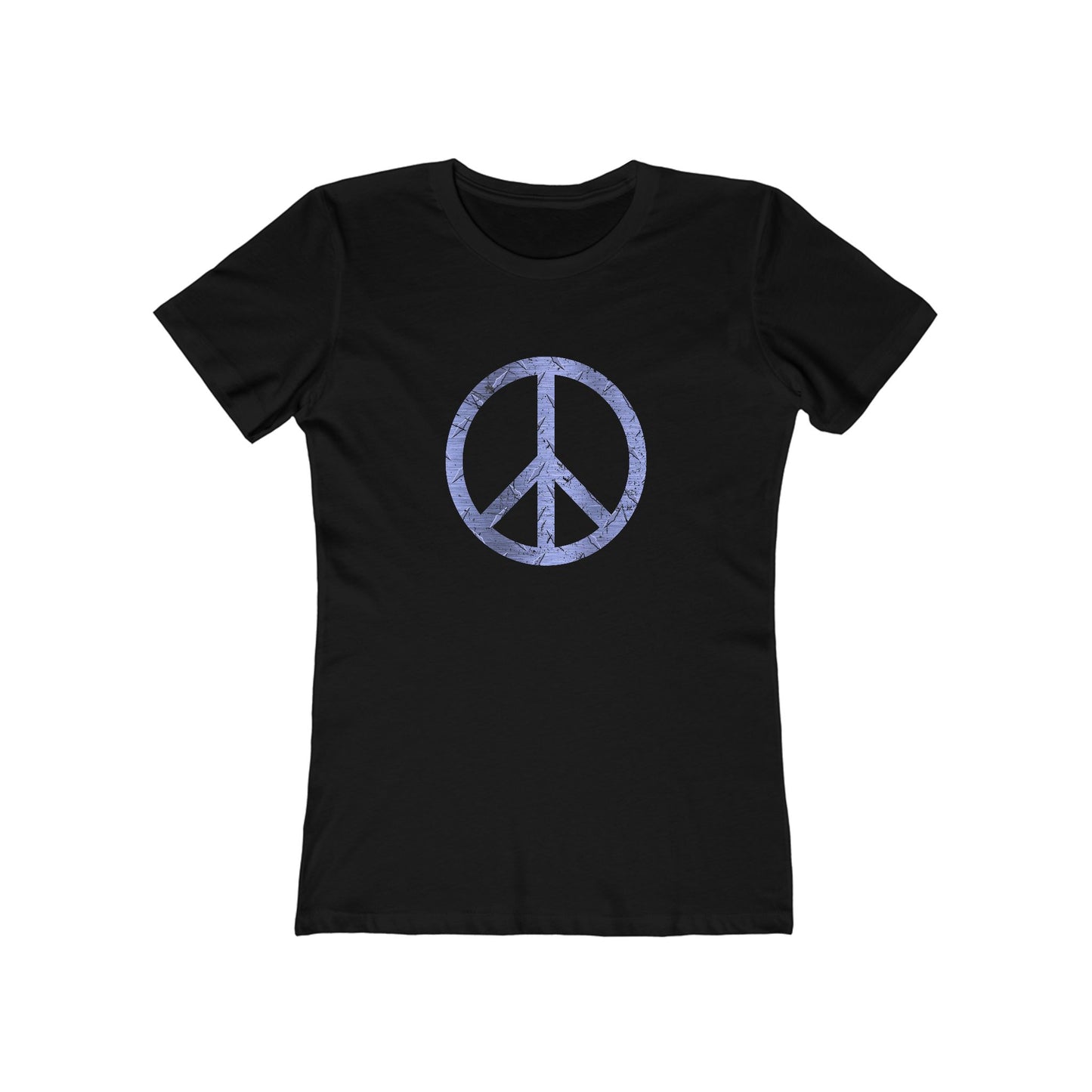 Black t-shirt with a peace symbol design on a white background