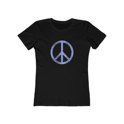 Black t-shirt with a peace symbol design on a white background