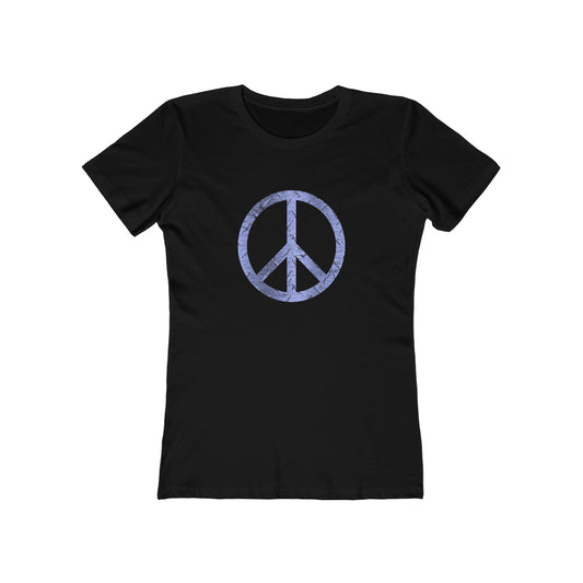 Black t-shirt with a peace symbol design on a white background