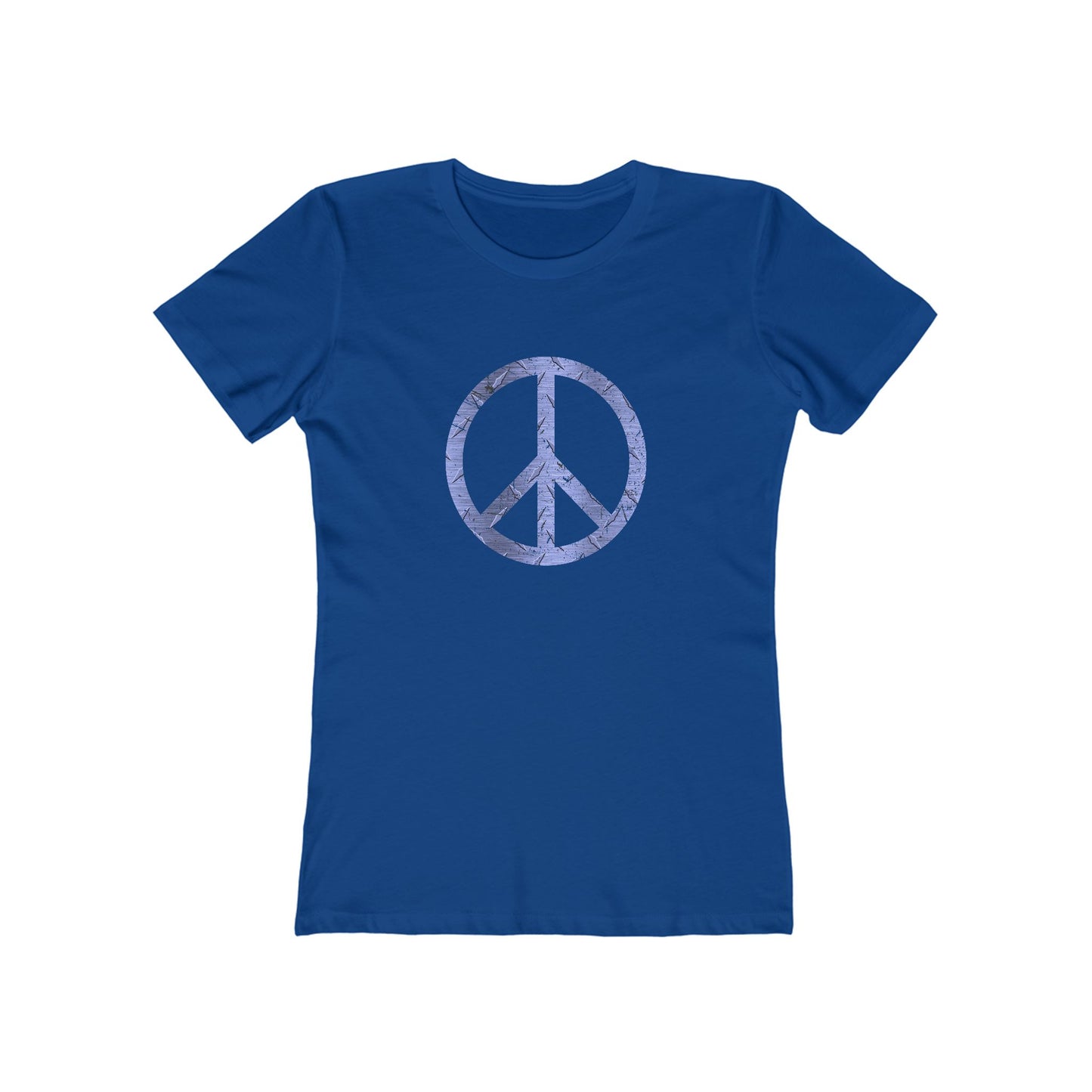 Blue t-shirt with a peace symbol design on a white background