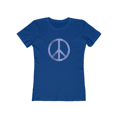 Blue t-shirt with a peace symbol design on a white background