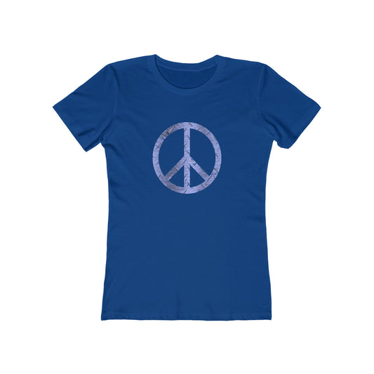 Blue t-shirt with a peace symbol design on a white background