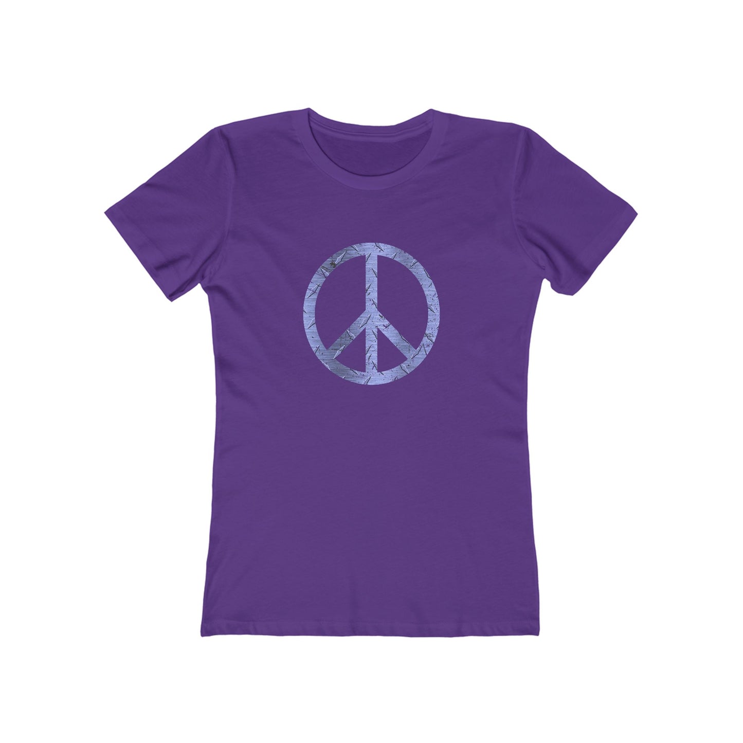 Purple t-shirt with a peace symbol design on a white background