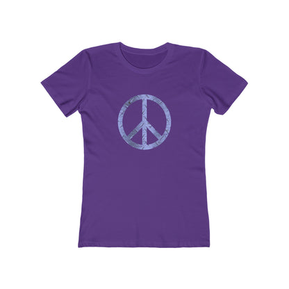 Purple t-shirt with a peace symbol design on a white background