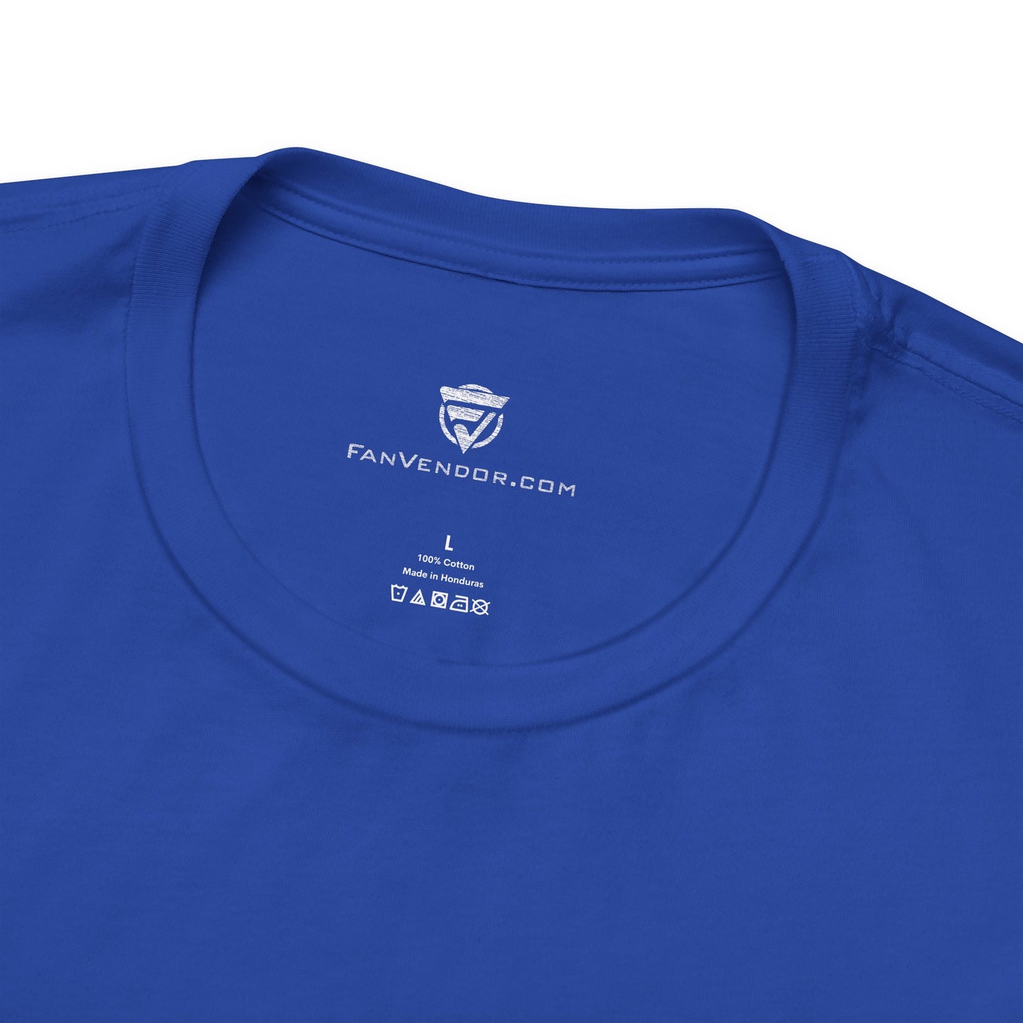 Close-up of a blue t-shirt with 'FanVendor.com' logo and text on the collar.
