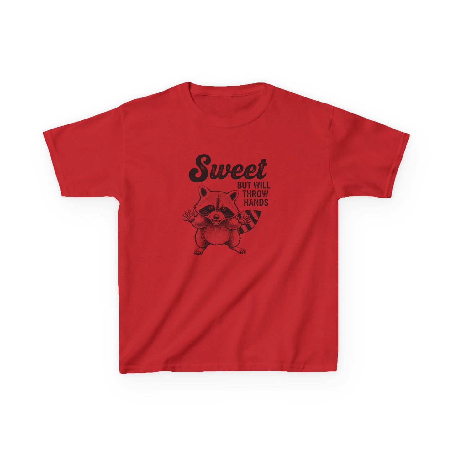 Red t-shirt with a raccoon graphic and text on a white background