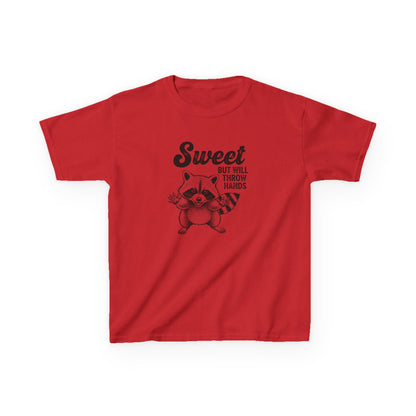 Red t-shirt with a raccoon graphic and text on a white background