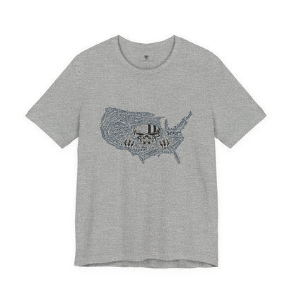 Gray t-shirt with a graphic design of the United States on a white background