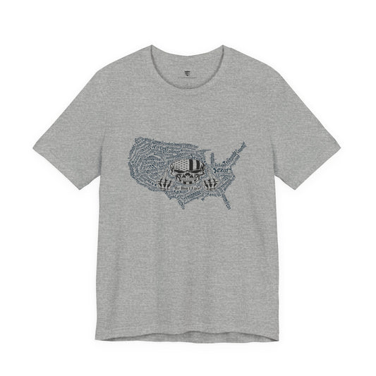 Gray t-shirt with a graphic design of the United States on a white background