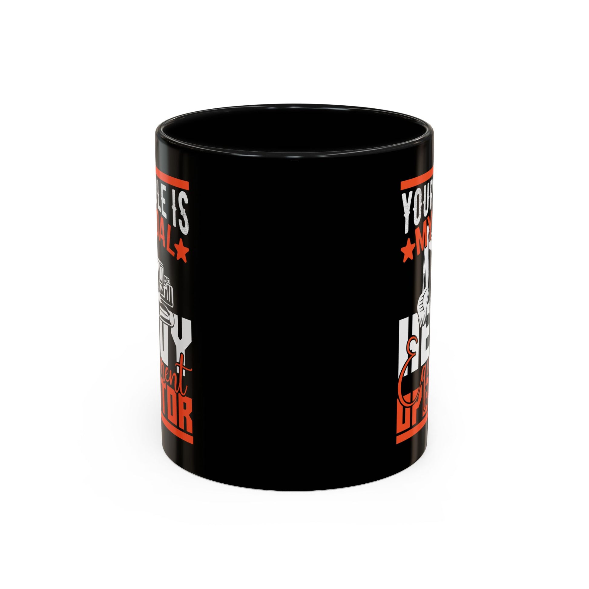 Black mug with red and white text on a white background