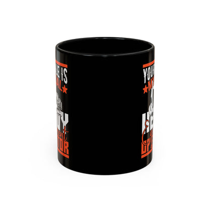Black mug with red and white text on a white background
