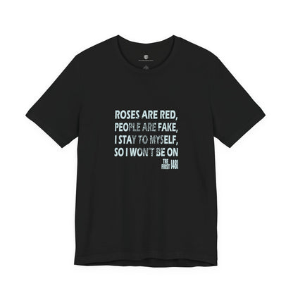 Black t-shirt with white text on a white background