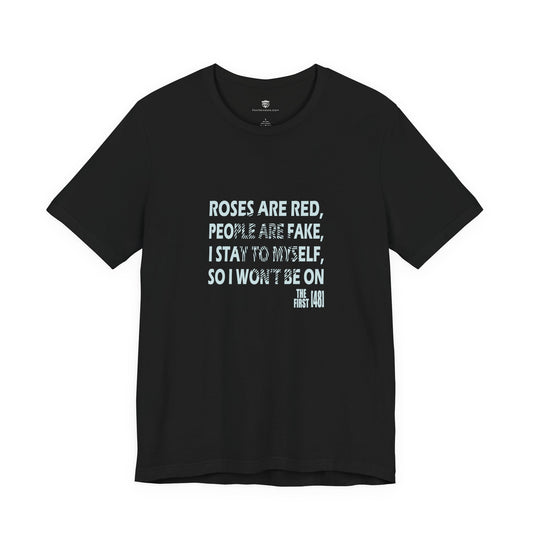 Black t-shirt with white text on a white background