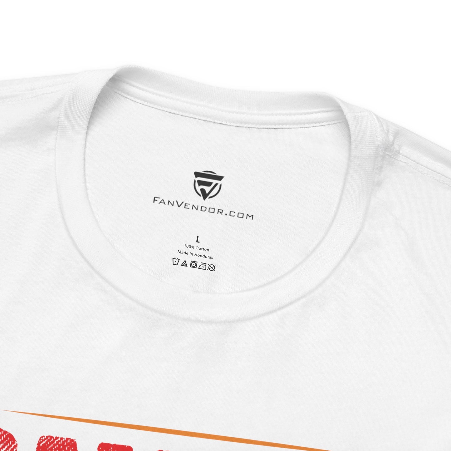 White t-shirt with 'FanVendor.com' logo and text on a white background