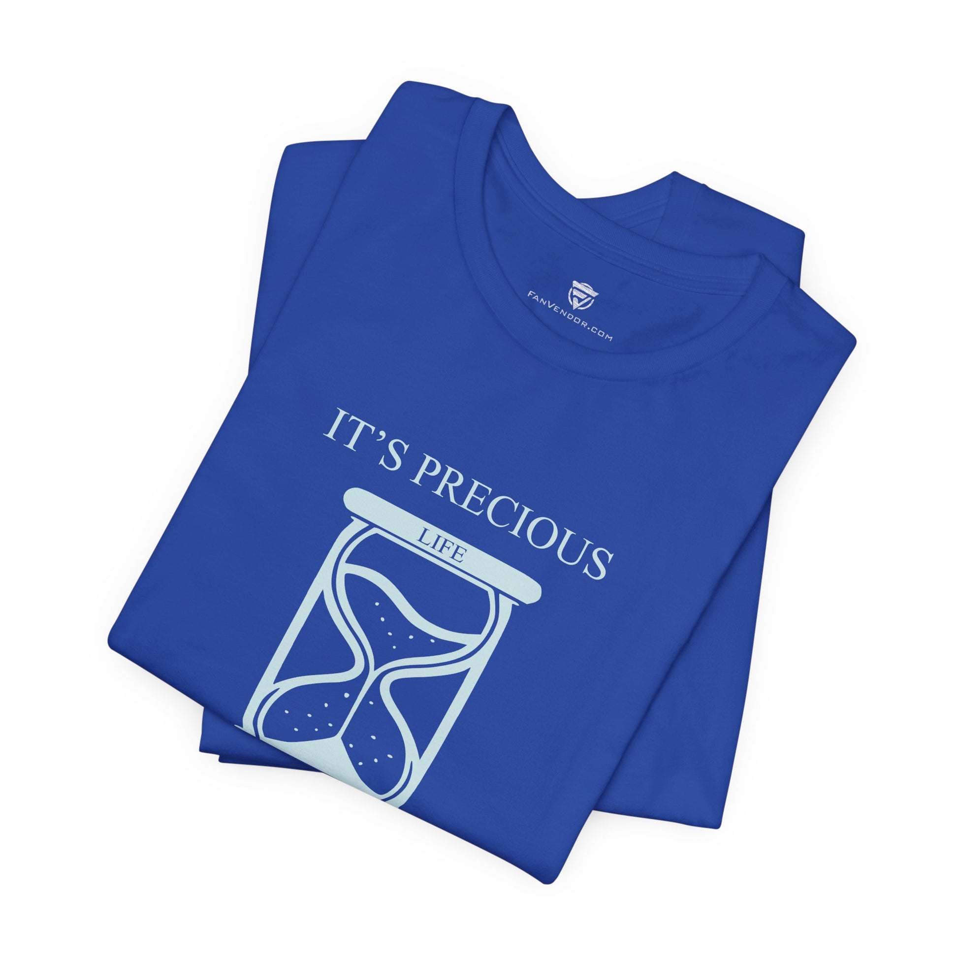 Folded blue t-shirt with 'It's Precious Life' design on a white background