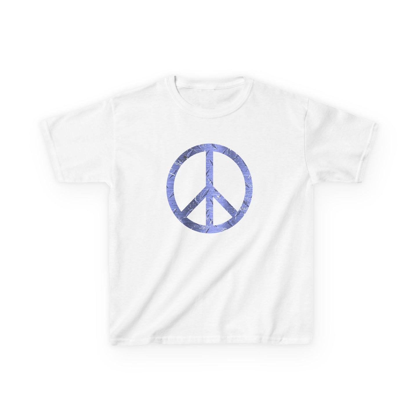 White t-shirt with a blue peace symbol design on a white background