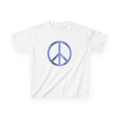 White t-shirt with a blue peace symbol design on a white background